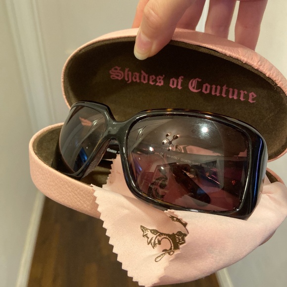 Y2K VINTAGE JUICY COUTURE SUNGLASSES CASE & CLOTH ROYAL CROWN BROWN TORTOISE - Picture 1 of 16